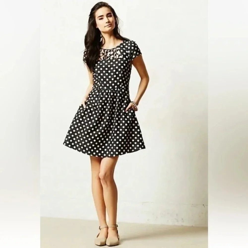 Anthropologie | Maeve | Grey Black Polka Dot Pinup Nikola Dress Size 4 Small